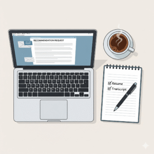 Workspace with laptop and checklist showing how to prepare to ask a professor for a letter of recommendation