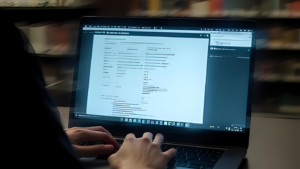 Student looking at university grades on laptop screen